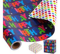 Papel de regalo reversible de 36 pies x 17 pulgadas, rollo de papel de regalo para niños, niñas, hombres y mujeres, diseño de feliz cumpleaños, papel de regalo para baby shower, fiesta, cumpleaños