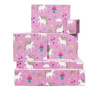 Papel de regalo unicornio - 6 hojas de papel de regalo cumpleaños - Unicornios y arco iris - Flor estrella corazón - Papel de regalo rosa para niña - Viene con pegatinas - Por Central 23