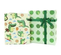 Papel de regalo verde para niños y niñas, trébol de cactus de cocodrilo, adorable rana, papel de regalo para cumpleaños, baby shower, vacaciones, 6 hojas con un rollo de cinta verde