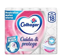 Papel Higiénico Premium 3 capas COLHOGAR Cuida&Protege Odor Block, paquete 18 rollos - Blanco + Fragancia Talco