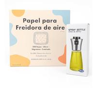 Papel para Freidora de Aire Antiadherente 20-24 cm (200 Hojas) con Aceitera de Cristal Spray | Sin BPA | Limpieza Fácil | Apto Freidoras 5-8 L | Resistente hasta 230 °C