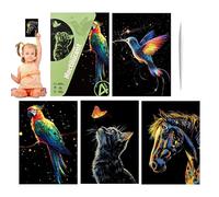 Papel para rascar artístico: hecho a mano, 4 hojas con purpurina, tamaño A4, superficies vibrantes, papeles de dibujo y dibujo | Suministros de manualidades para patrones de animales paisajísticos