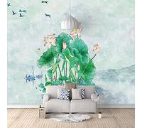 Papel Pared,Abstracto Verde Hoja De Loto Loto Pájaro Rebaño Paisaje Gran Autoadhesivo Papel Pintado Despegar Y Pegar Papel De Contacto Desmontable Vinilo Mural Adecuado Para Dormitorio Decorativo Sa