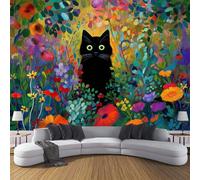 Papel Pared Autoadhesivo Gato Negro Jardín Adecuado Para Cabecero Dormitorio, Sala De Estar, Papel Tapiz Oficina Flores Coloridas Retro, Decoración De Paredes Colores Mixtos 450×315 Cm