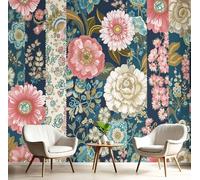 Papel Pared Panorámico Patchwork De Brocado Papel Pintado de Seda Letra Pequeña Floral Tradicional Póster Gigante 3D Decorativos de Pared para Salón Dormitorio Pasillo, 450x315cm, Azul Marino