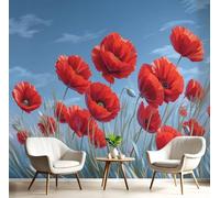 Papel Pared Panorámico Pintura Al Óleo Un Campo Flores Abstracto Papel Pintado de Seda Amapola Roja Póster Gigante 3D Decorativos de Pared para Salón Dormitorio Pasillo, 350x250cm, Azul Grisáceo