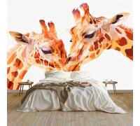 Papel Pintado 200 x 140 cm Dibujos Animados Jirafa Lindo Animal Besándose - Fotomural Decorativo con Efecto 3D - Tejido no Tejido para Decoración de Pared en Salón, Dormitorio u Oficina Blanco