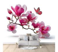 Papel Pintado 200 x 140 cm Flores Animales Mariposas El Este Floreciendo - Fotomural Decorativo con Efecto 3D - Tejido no Tejido para Decoración de Pared en Salón, Dormitorio u Oficina Blanco