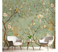 Papel Pintado 200x140cm Fotográfico Flores Y Pájaros Vintage Papel de Pared XXL Estilo Rococó Póster Gigante de Mural Decoración De Pared para Sala Cuarto Oficina Salón, Verde Claro