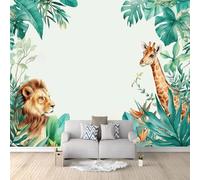 Papel Pintado 300 x 210 cm Dibujos Animados Animales León Jirafa Plantas - Fotomural Decorativo con Efecto 3D - Tejido no Tejido para Decoración de Pared en Salón, Dormitorio u Oficina Blanco
