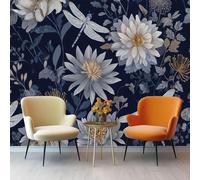 Papel Pintado 300 x 210 cm Foto Marina de guerra Papel pintado panorámico decorativo apto para armarios de habitaciones Margaritas de Plantas Libélulas de Medianoche Papel pintado tejido no tejido