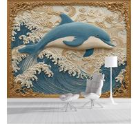 Papel Pintado 300x210cm Fotográfico Delfín En Relieve 3D Papel de Pared XXL Hermoso Marco Fotos Dorado Póster Gigante de Mural Decoración De Pared para Sala Cuarto Oficina, Azul Claro