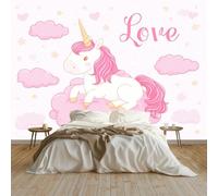 Papel Pintado 350 x 256 cm Dibujos Animados Caballo Nube Letra Lindo - Fotomural Decorativo con Efecto 3D - Tejido no Tejido para Decoración de Pared en Salón, Dormitorio u Oficina Rosa Blanco