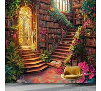 Papel Pintado 350 x 256 cm Libros Magia Plantas Biblioteca Fotomurales No Tejido Murales Decoración de Pared, Póster Pared Personalizado 3D Para Salón Dormitorio Oficina Habitación Infantil, Marrón