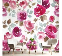 Papel Pintado 3D Acuarela Campo Rosas 200×150cm Fotomurales Tejido No Tejido, Blanco Papel Tapiz Grande Murales Fotográfico Vino Tinto Pétalos Decoración de Paredes