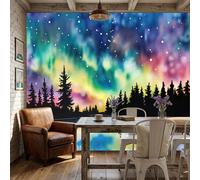 Papel Pintado 3D Aurora Bosque Lago 400x280cm, Papel Tapiz Paisaje Onírico En Acuarela Grande Murales Fotográfico Moderno Decoración De Paredes Para Salón Habitaciones, Multicolor