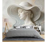 Papel Pintado 3D Blanco Con Relieve De Retrato De Mujer | 400 × 280 Cm Mural De Pared De Lujo Con Figura De Dama Con Sombrero Escultura Abstracta Moderna Papel Pintado No Tejido Tamaño Personaliza