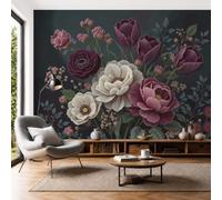 Papel Pintado 3D Bordado Imitación Tulipán Morado Oscuro 300 × 210 cm Fotomurales,Realismo Papel Tapiz Grande Murales Fotográfico Ramo Pinturas Al Óleo Vintage Decoración de Paredes
