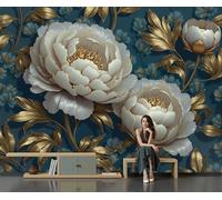 Papel Pintado 3D Bosque De Peonías De Lujo En 3D Arte Botánico Retro 450X315Cm Azul Marino Xxl Fotomurales Tejido No Tejido Murales Decorativos Pared Papel Tapiz Moderna Dormitorio Para La Sala