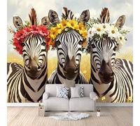 Papel Pintado 3D Cebra Flor Tela no Tejida Fotomurales Cebra Animal Papel Pintado 300x210 cm Poster Resistente Impermeable Fácil de Limpiar Cafeterías Galerías Oficinas Murales Decorativos Pared