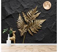 Papel Pintado 3D Ciervo Dorado Hojas De Helecho Doradas Luna Llena Piedra | Cuadros Decorativos de Seda Alta Gama Ideales Para Todas las Paredes del Comedor Salón la Sala Estar y Dormitorio-200cm×140cm