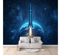 Papel Pintado 3D Cohete Planeta Tela no Tejida Fotomurales Galaxia Papel Pintado 300x210 cm Poster Resistente Impermeable Fácil de limpiar Cafeterías Galerías Oficinas Murales Decorativos Pared