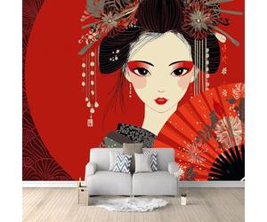 Papel pintado 3D con diseño de abanico de geishas de 450 x 315 cm, mural fotográfico japonés dibujado a mano no tejido para sala de estar, dormitorio, habitación infantil, oficina, decoración fácil de