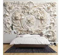 Papel Pintado 3D con Ilustración De Relieve Estilo Barroco Mural De 400 × 280 Cm Flores Blancas Crema Arte De Pared No Autoadhesivo para Decoración De Fondo De Sala De Estar Y Dormitorio.