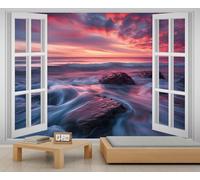 Papel pintado 3D con vista de ventana, paisaje costero de ensueño, maravillas naturales, papel pintado para niños, rocas del océano, papel de pared para dormitorio de niñas, dormitorio de niños, sala