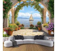 Papel Pintado 3D Costero 3D, Fondo Fotográfico 250 x 175 cm Lago del jardín, Decoración de Pared para Restaurante, Salón o Dormitorio, Mural Modernoazul verdoso