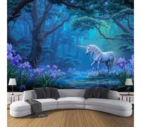 Papel Pintado 3D Cuento Hadas Bosque Caballo 300×210cm Fotomurales Tejido No Tejido, Azul Papel Tapiz Grande Murales Fotográfico Jungla Plantas Decoración de Paredes