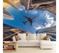 Papel Pintado 3D Decorativo Azul 400 x 280 cm - Mural de Pared Realista Ciudad Cielo Azul Avión para Habitaciones de Niños Adolescentes, No Tejido Fácil de Aplicar Decoración Sala de Juegos