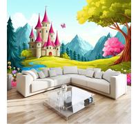 Papel pintado 3D efecto panorámico fotográfico mural 250 x 175 cm dibujos animados Campaña Castillo Río Papel pintado Tapiz Póster Panorámico Sala de los Niños Decoración de pared, Azul Verde
