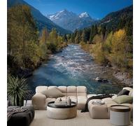 Papel pintado 3D efecto río alpino montañas Salón 400 x 280 cm Papel pintado no tejido Papel pintado, paisaje natural, decoración de pared, salón, dormitorio, oficina, pasillo
