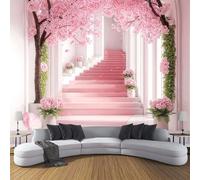 Papel Pintado 3D Escaleras Columnas Romanas 150×105cm Fotomurales Tejido No Tejido,Rosa Papel Tapiz Grande Murales Fotográfico Romance Flores Cerezo Decoración de Paredes