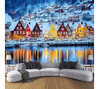 Papel Pintado 3D Escenas de invierno, Fondo Fotográfico 350 x 256 cm Puerto de la ciudad, Decoración de Pared para Restaurante, Salón o Dormitorio, Mural Modernoazul