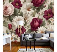 Papel Pintado 3D Estampados Rosas Y Margaritas 250 × 175 Cm Fotomurales Tejido No Tejido,Realismo Papel Tapiz Grande Murales Fotográfico Floral Retro Decoración De Paredes