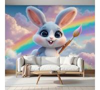 Papel Pintado 3D Estéreo Lindo Soñador Arcoíris Pincel Conejo Mural, Habitación infantil Decoración Del Pared Pintado, Papel Tapiz 3D Dormitorio Sala Sofá Mural250Anx175Al cm