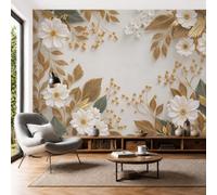 Papel Pintado 3D Flores Blancas Hojas Doradas Metalizadas 250 × 175 cm Fotomurales,Realismo Papel Tapiz Grande Murales Fotográfico Flores Lujo Decoración de Paredes