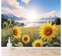 Papel Pintado 3D Girasoles Río Montañas Cielo Despejado Paisaje Natural | Cuadros Decorativos de Seda Alta Gama Ideales Para Todas las Paredes del Comedor Salón la Sala Estar y Dormitorio-430cm×300cm
