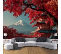 Papel Pintado 3D Hojas Arce Rojo Monte Fuji 400×280cm Fotomurales Tejido No Tejido, Rojo Papel Tapiz Grande Murales Fotográfico Japón Loft Decoración de Paredes