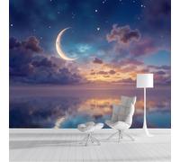 Papel Pintado 3D Luna Cielo Nocturno Océano 300x210cm, Paisaje Marino Y Cielo Nocturno Romántico Papel Tapiz Grande Murales Fotográfico Decoración De Paredes Para Salón Dormitorio