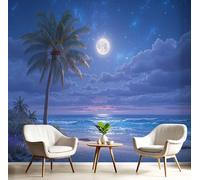 Papel Pintado 3D Luna Olas Palmeras 200 × 140 Cm Fotomurales Tejido No Tejido,Realismo Papel Tapiz Grande Murales Fotográfico Paisaje De Playa Nocturno Decoración De Paredes