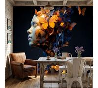 Papel Pintado 3D Mariposa Perfil Femenino 400x280cm, Papel Tapiz Retrato Artístico Onírico Grande Murales Fotográfico Moderno Decoración De Paredes Para Salón Habitaciones, Naranja
