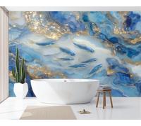 Papel Pintado 3D Mármol Oriental De Lujo Peces De Río De Ensueño 450X315Cm Azul Xxl Fotomurales Tejido No Tejido Murales Decorativos Pared Papel Tapiz Moderna Dormitorio Para La Sala