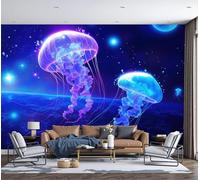 Papel Pintado 3D Medusas Bioluminiscentes 450 × 315 Cm Fotomurales Tejido No Tejido,Realismo Papel Tapiz Grande Murales Fotográfico Cielo Estrellado Submarino Decoración De Paredes