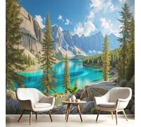 Papel Pintado 3D Montañas Lagos Bosques Pinos 400 × 280 Cm Fotomurales Tejido No Tejido,Realismo Papel Tapiz Grande Murales Fotográfico Paisaje Natural Decoración De Paredes