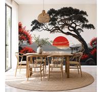 Papel Pintado 3D Monte Fuji Pinos Sol Rojo 400x280cm, Papel Tapiz Estilo Japonés Ukiyo-E Grande Murales Fotográfico Moderno Decoración De Paredes Para Salón Habitaciones, Negro