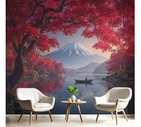 Papel Pintado 3D Naturalmente El Monte Fuji 150×105cm Fotomurales Tejido No Tejido, Rojo Papel Tapiz Grande Murales Fotográfico Estilo Japonés Lago Decoración de Paredes