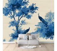 Papel pintado 3D no tejido con diseño retro de pavo real y árbol azul, decoración de pared, cuadro de pared, papel pintado no tejido, ideal para sala de estar, dormitorio, oficina o pasillo, 150 cm x